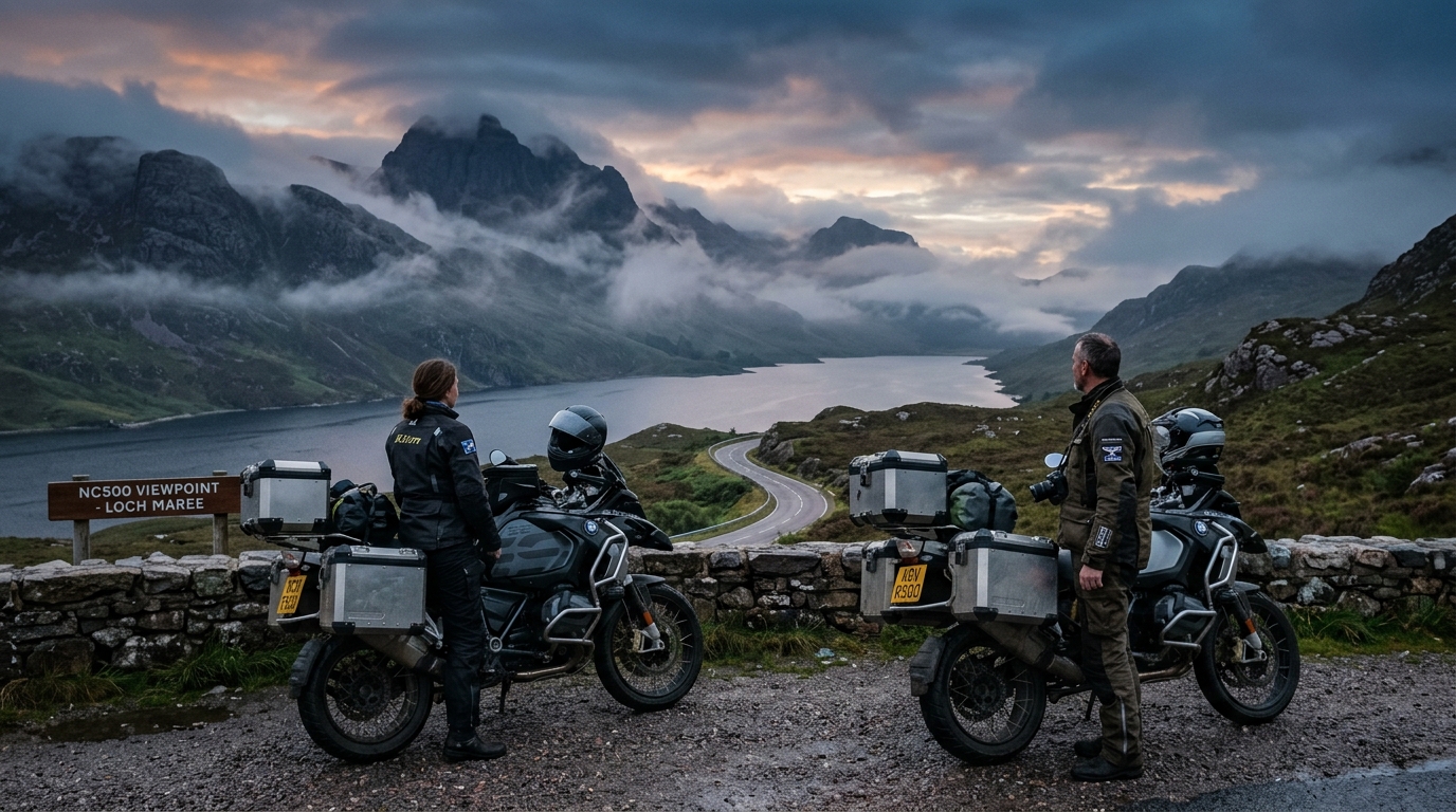 BlueLight riders at Highland loch, NC500 Scotland